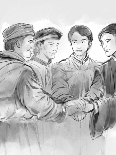 Étude de groupe de personnages en niveaux de gris réalisée en atelier Edumanga