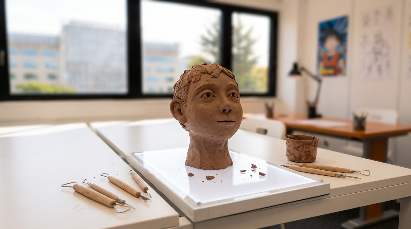 Outils de modelage et pièces en terre de l'atelier de sculpture Edumanga