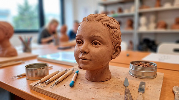 Sculpture d'un personnage en terre à l'atelier Edumanga de Vélizy-Villacoublay